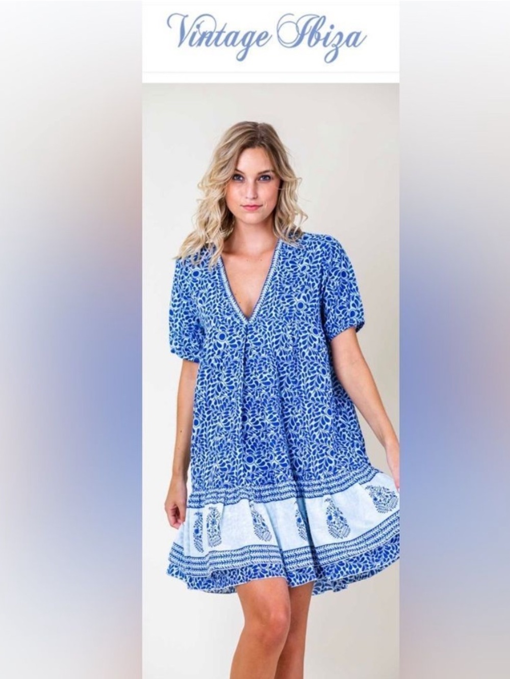 Vintage Ibiza Spain Blue Printed V-Neck Cotton Short Dress S